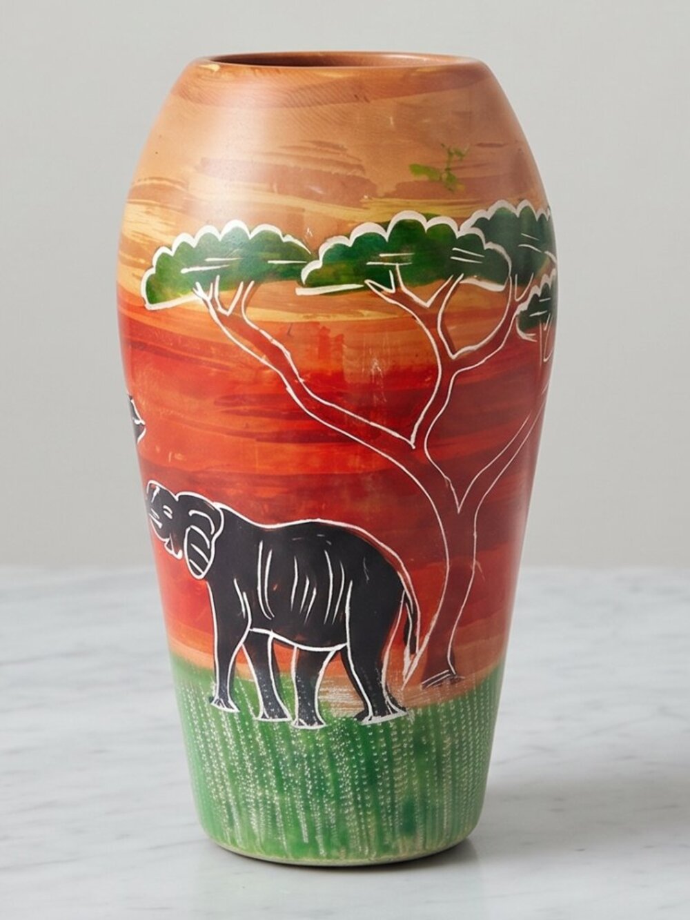 Hand Painted Kenyan Kisii Soapstone Elephant Safari Vase 6" Collector's Edition